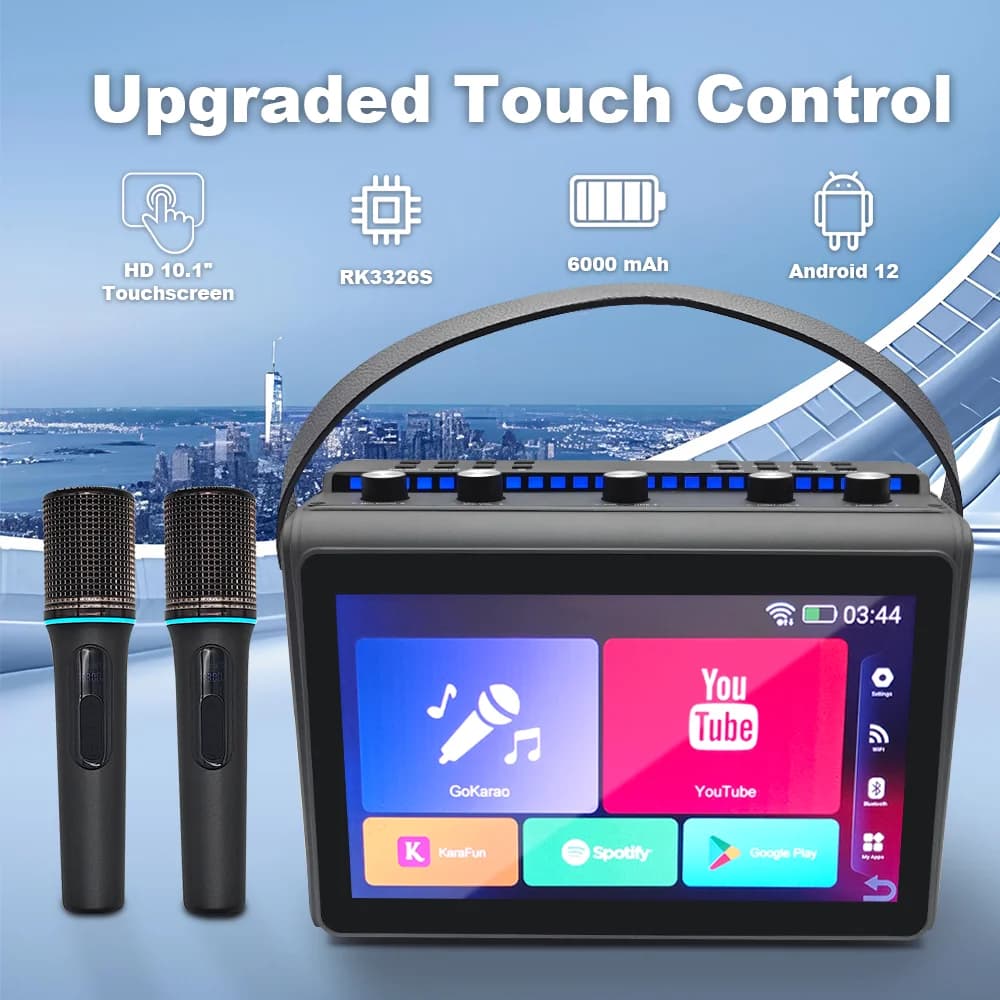 Macchina per karaoke intelligente 3 in 1 Touch screen HD 10.1 Android12 2 microfoni wireless TV HDMI Casting 6000mAh Batteria a lunga durata