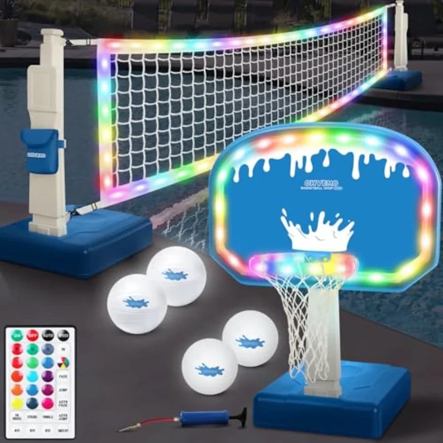 Set da gioco 2-in-1 LED per pallavolo e basket da piscina con cerchio LED da 14 pollici, 4 palline luminose, 2 basi e pompa per piscine interrate