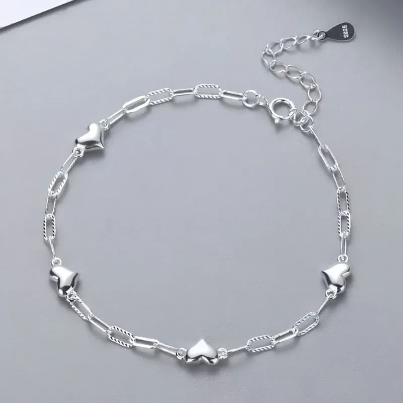 Dainty Silver Heart Link Bracelet Mixed Twisted Paperclip Chain Solid Heart Charm Bracelet With Extension Chain Women Love Jewelry Gift