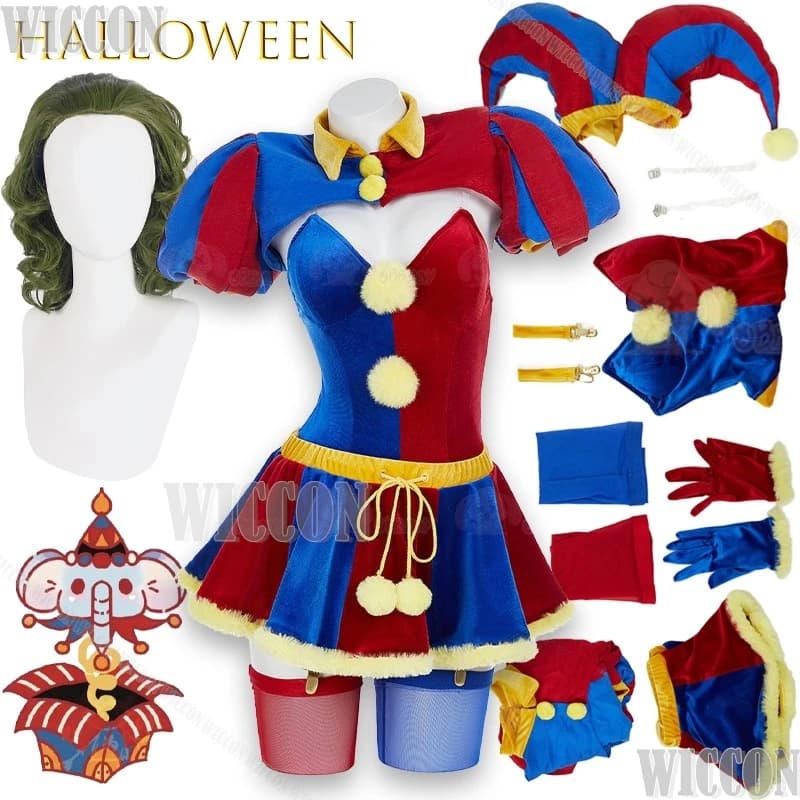 Magical Circus Joker Girl Costume Cosplay Halloween Fan Outfit Donna Anime Comic Con Body e Minigonna con Guanti Cappello