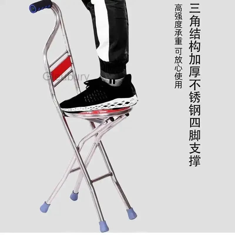 Sedia Pieghevole per Anziani con Bastone, Regolabile a 4 Gambe, con Sgabello, Antiscivolo, Ausilio per la Deambulazione, Sedia da Campeggio, Arredo per Esterni