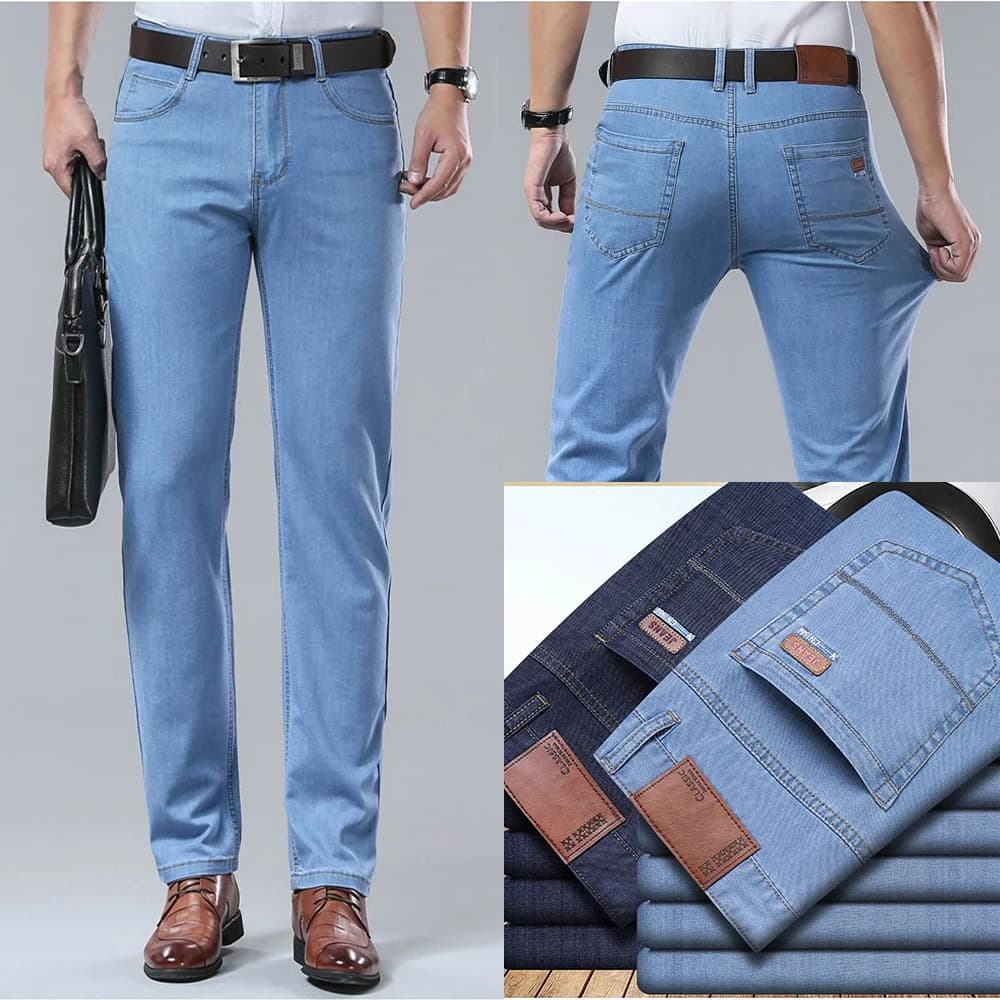 Nuovi jeans in denim sottile Ice Silk per uomo, pantaloni in cotone elasticizzato blu, pantaloni casual da lavoro, pantaloni leggeri primavera estate