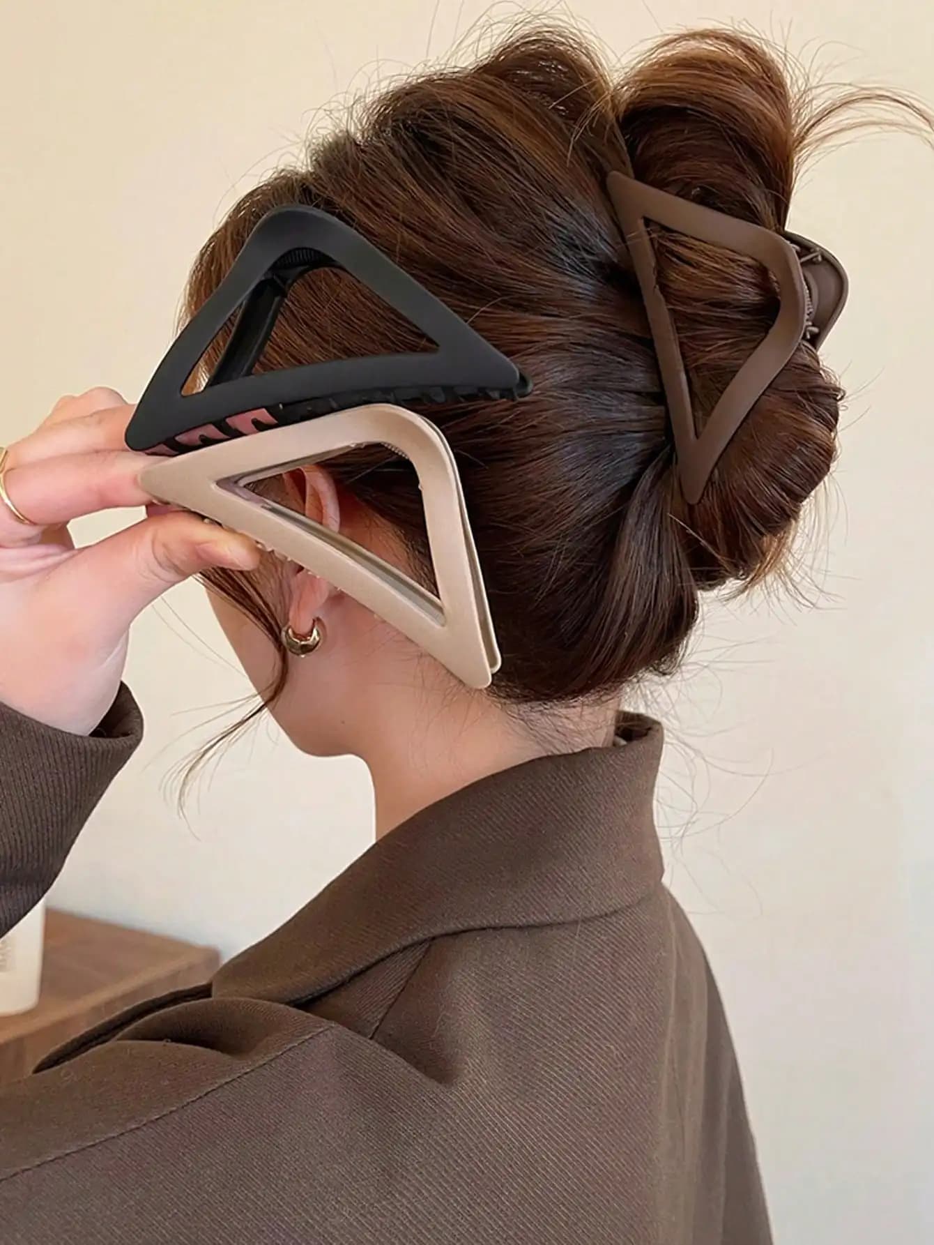 Set di 3 fermagli per capelli a triangolo, colore nero e kaki, tinta unita, casual, per la scuola