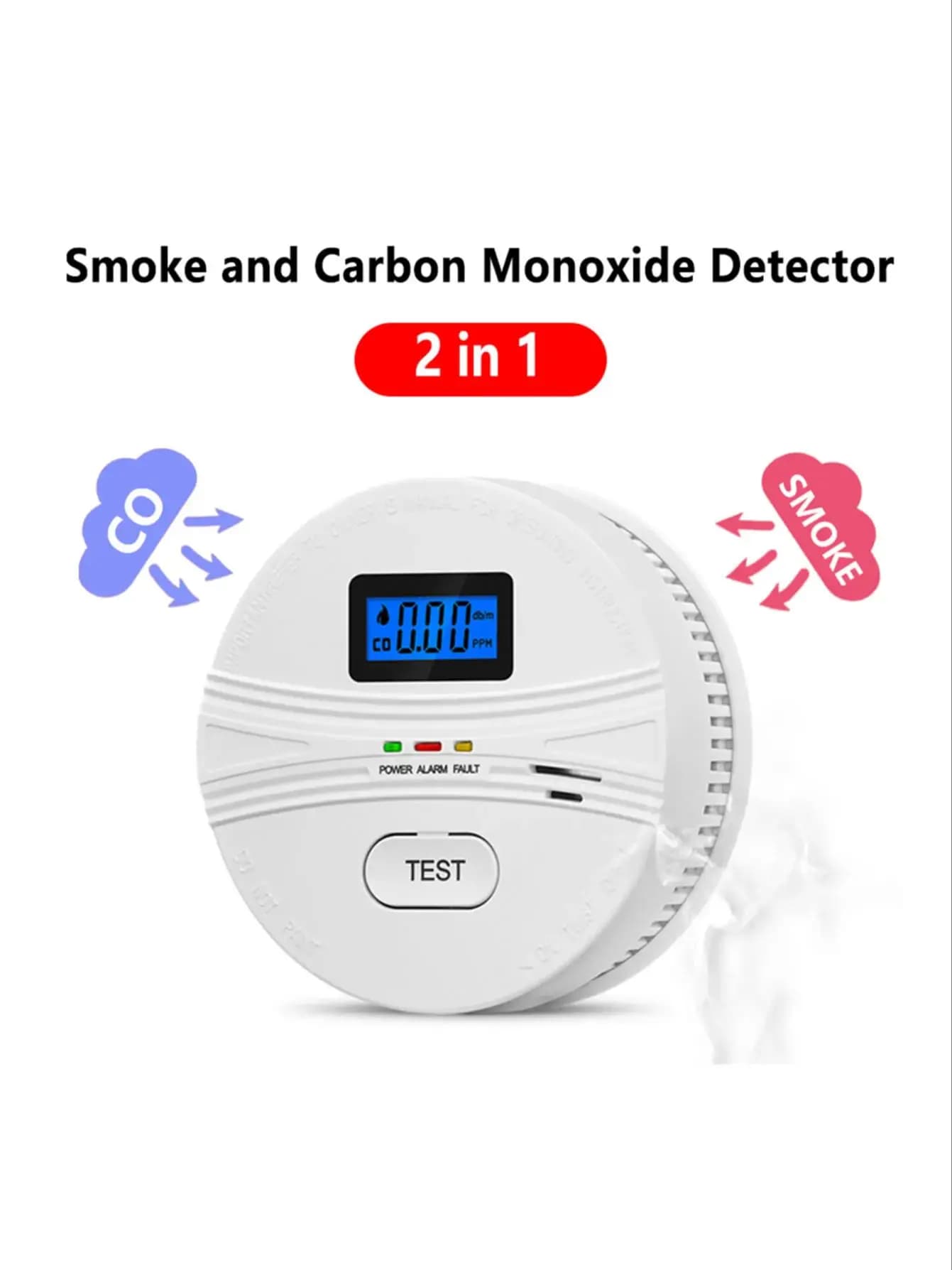Rilevatore di Fumo e CO 2-in-1, Doppio Sensore, Funzionamento a Batteria, Display LCD, Silenziamento con Un Tocco, Facile da Installare e Portatile per Viaggi