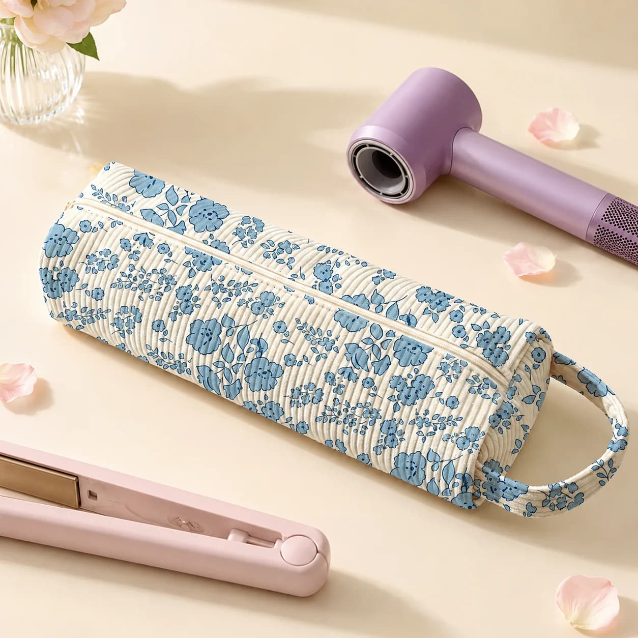 Floral Quilted Hair Tool Storage Bag, Large Capacity Zipper Case with Handle for Women, Hair Dryer, Straightener & Travel