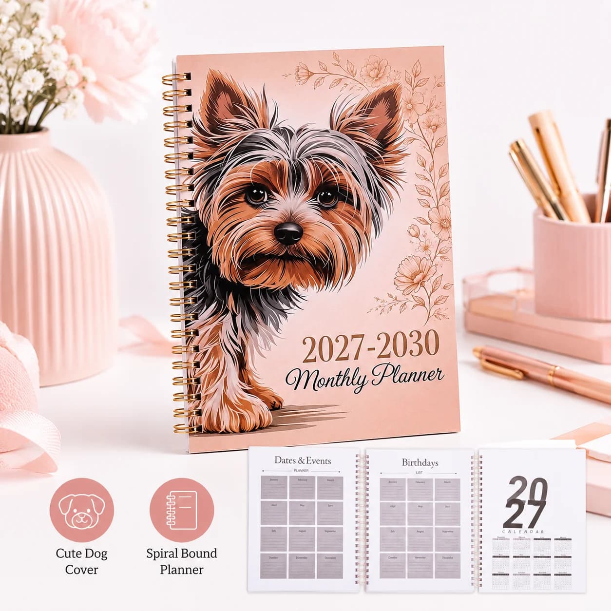 Elegant Floral Yorkie Cover Monthly Planner Sturdy Gold Wire Four Year Schedule Notebook Clear Birthday Tracking Inner Layout