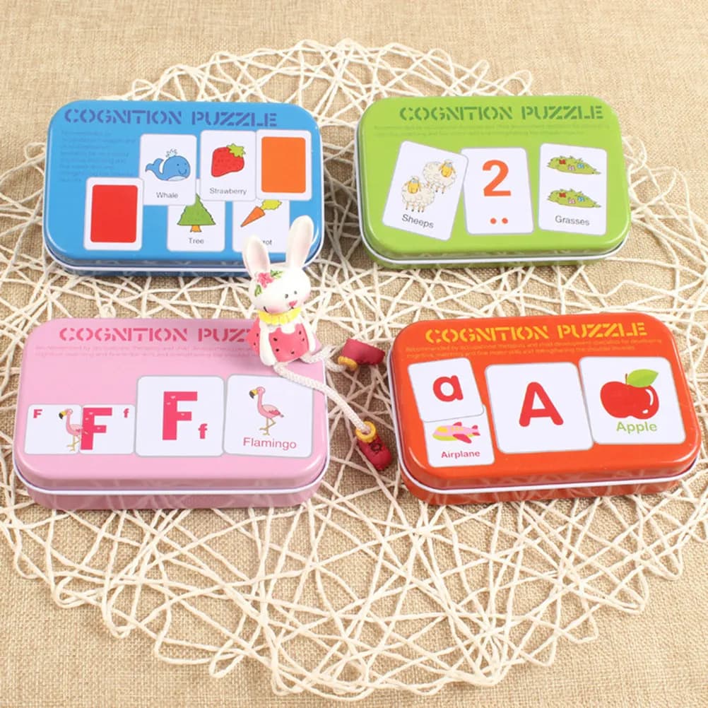 Set di 32 Pezzi Puzzle Educativo per Bambini in Scatola di Latta, Gioco Creativo per l'Apprendimento Precoce e Cognitivo (Blu)