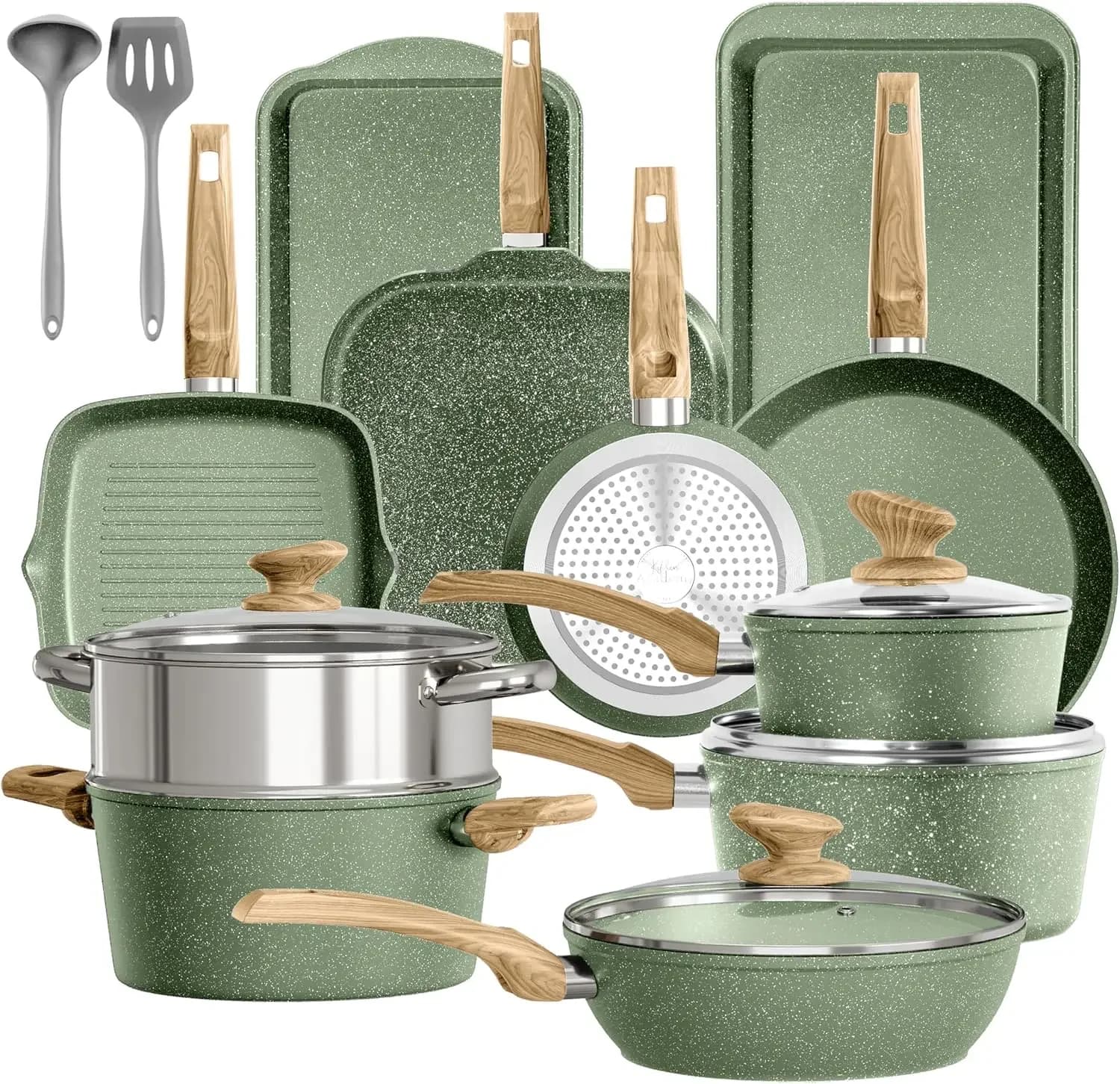 17 Piece Pots and Pans Set Non Stick, Nonstick Induction Granite Kitchen Cookware Sets, Induction Cookware Frying Pans, Nonstick
