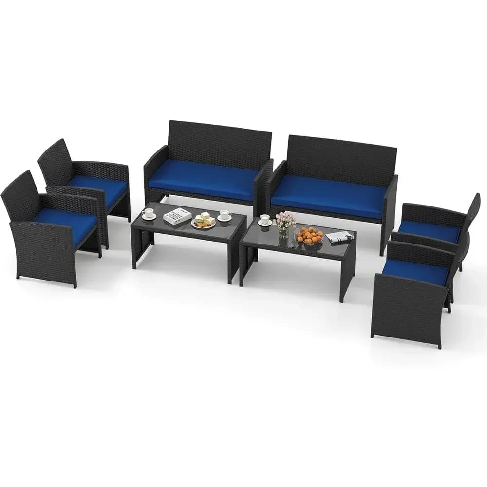 Set di mobili da giardino in vimini da 8 pezzi, sedie imbottite in rattan resistente per esterni, divanetto e tavolino in vetro temperato, o per il giardino.