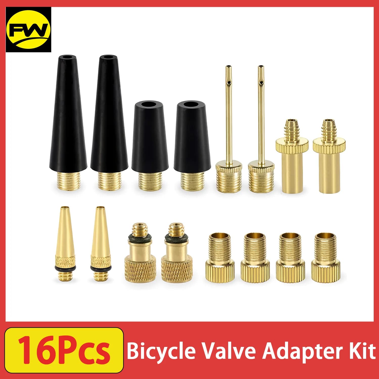 Adattatore per valvola Presta Schrader per bicicletta da 16 pezzi, convertitore DV AV SV in ottone, ago per pompa a sfera, set di aghi per pompa d'aria