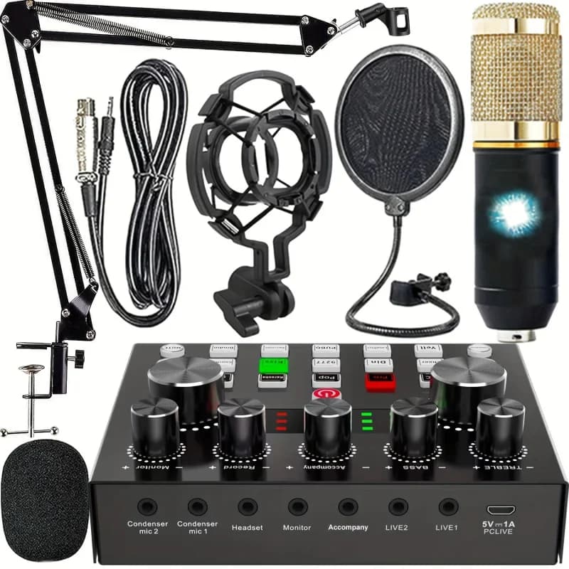 Set di Attrezzature per Podcast con Interfaccia Audio Integrata, Mixer DJ con Scheda Audio, Supporto per Microfono, Cuffie Monitor, per PC, Laptop e Telefono Cellulare