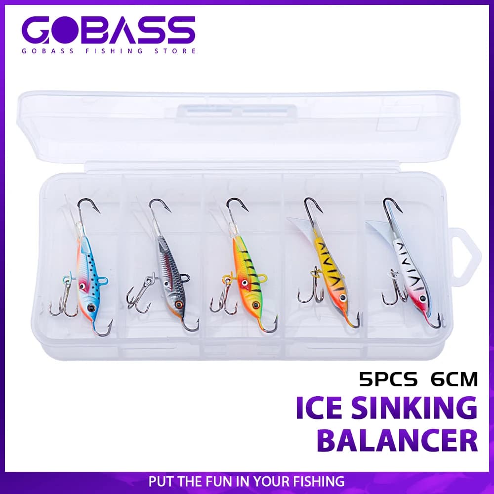 Gobbass 5pcs Colorful Balancer Winter Ice Jig Fishing Lures 9.5g 10g Vibration Hard Artificial Bait Pike Wobbler with Tackle Box