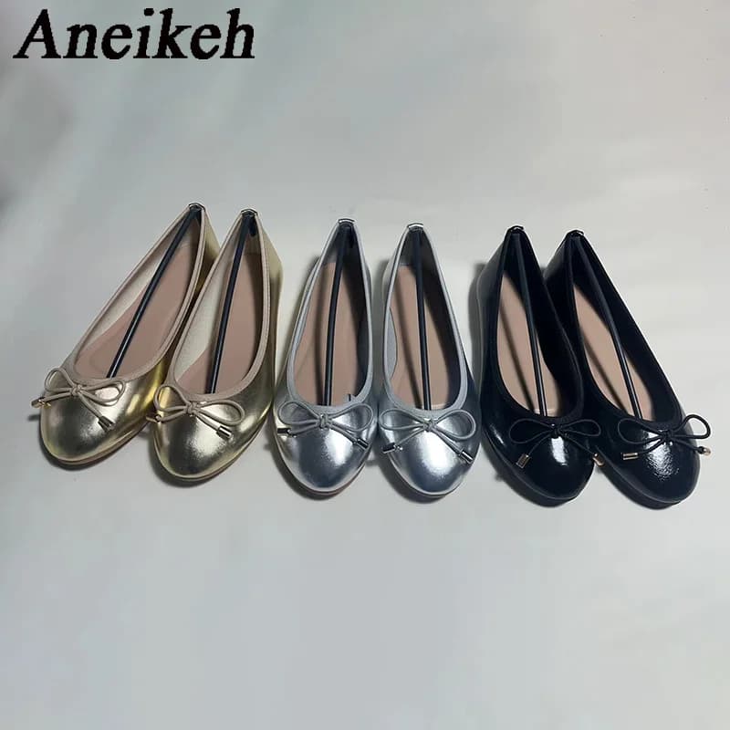 Aneikeh Oro Argento Appartamenti di moda Donne di lusso Ballerine Punta rotonda Bowtie Slip on Comfort Mocassini Donna Casual Ciabatte Scarpe