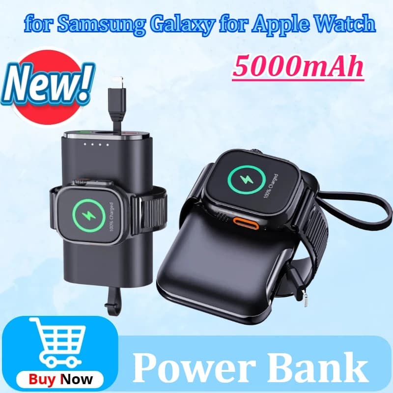 La banca di potere wireless da 5000 mAh viene fornita con cavo Caricatore wireless per orologio portatile per Samsung Galaxy per batteria ausiliaria Apple Watch