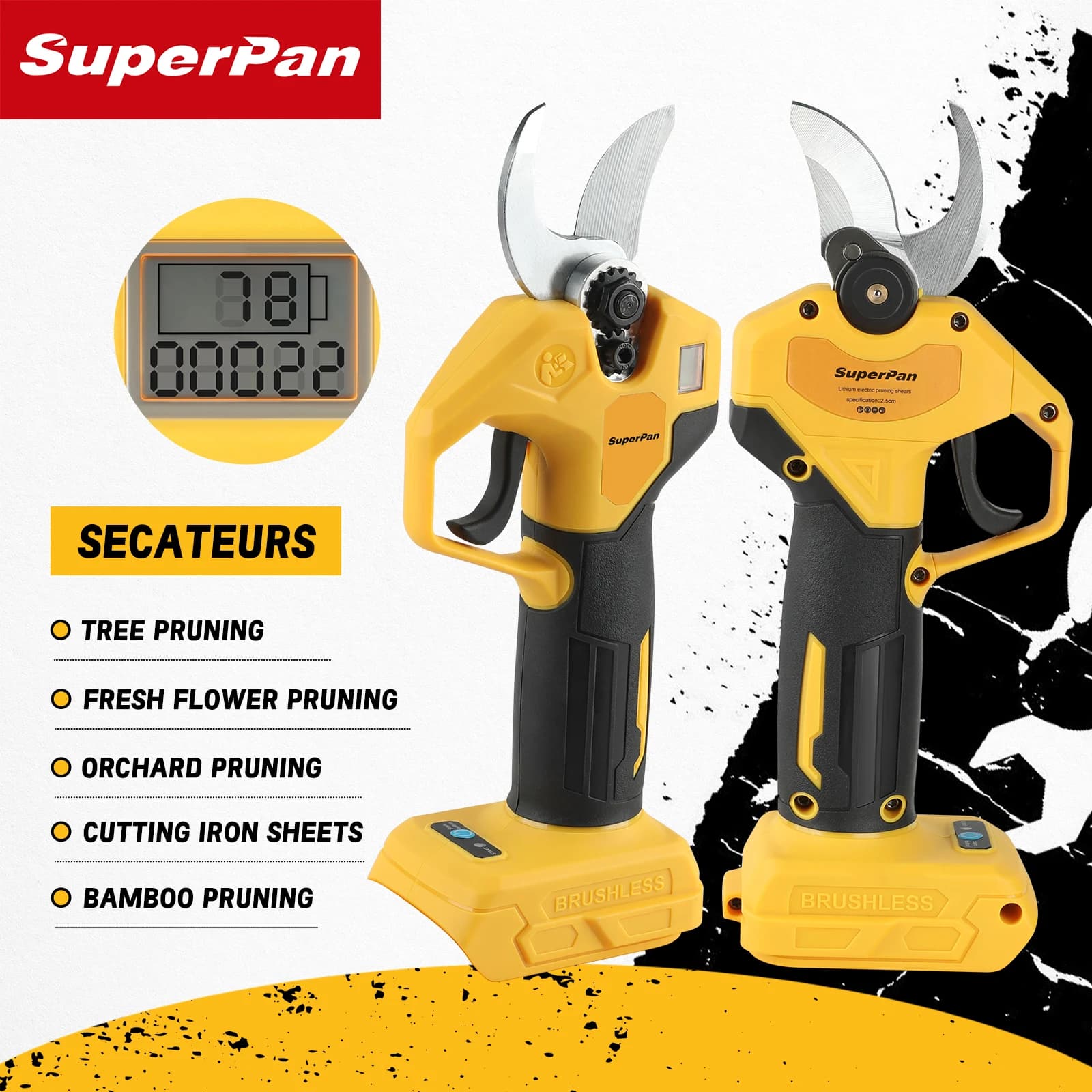 SuperPan electric pruning scissors for gardening and orchard, compatible with DeWalt 20V battery.