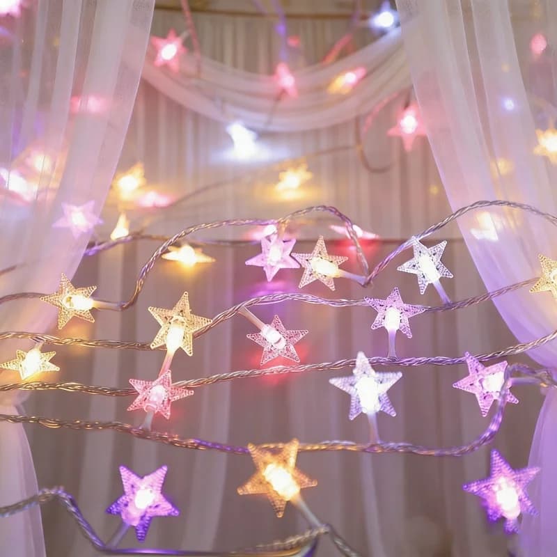 Luci a LED a Forma di Stella 1,5m/3m/6m/10m, Ghirlanda per Matrimoni e Feste, Alimentata a Batteria, Tenda Luminosa Natalizia per Casa e Camera da Letto