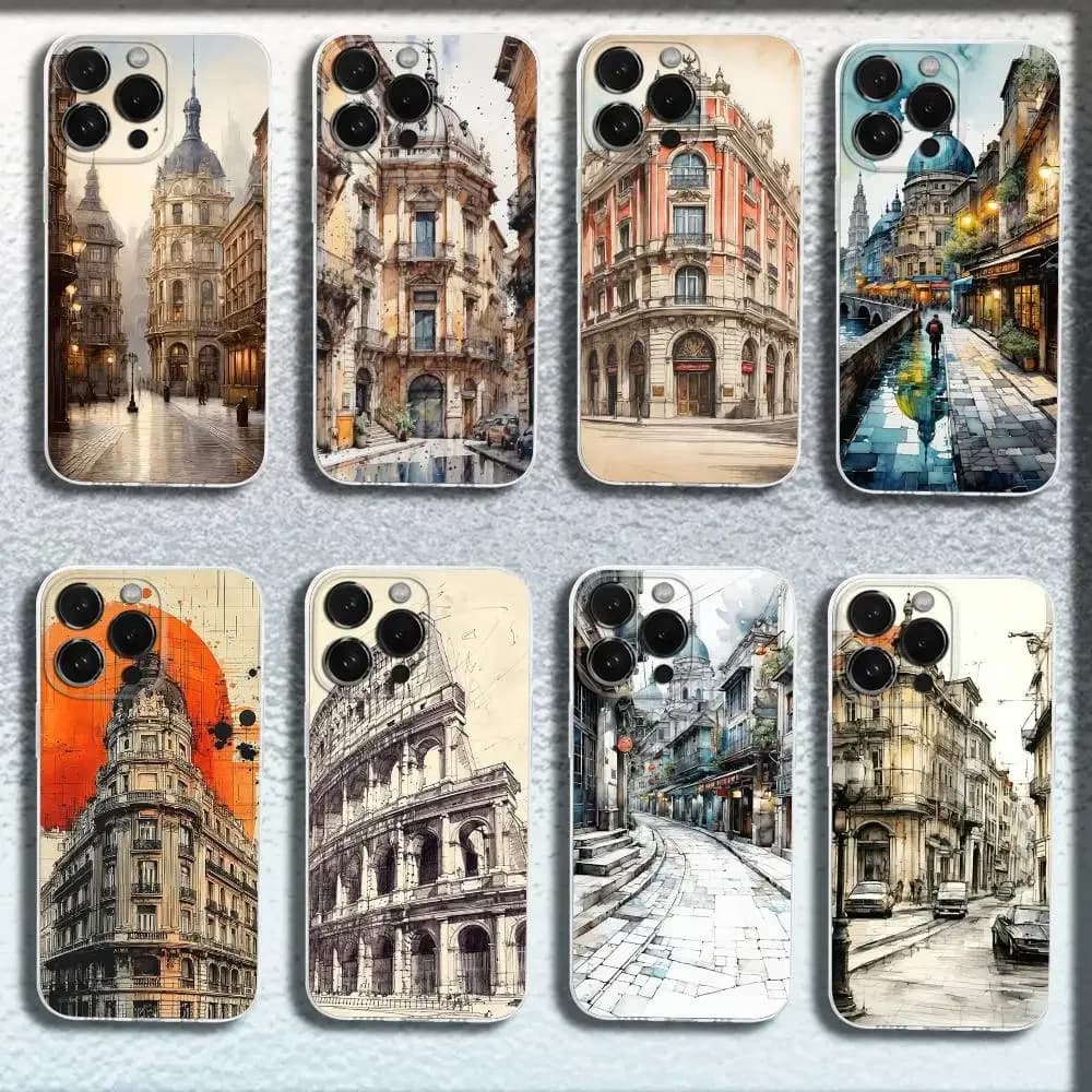 Cover Trasparente con Illustrazione Artistica Architettonica Vintage per iPhone 17, 16, 15, 14, 13, 12, 11, Pro, Max, Plus, E, SE4, Air, Mini