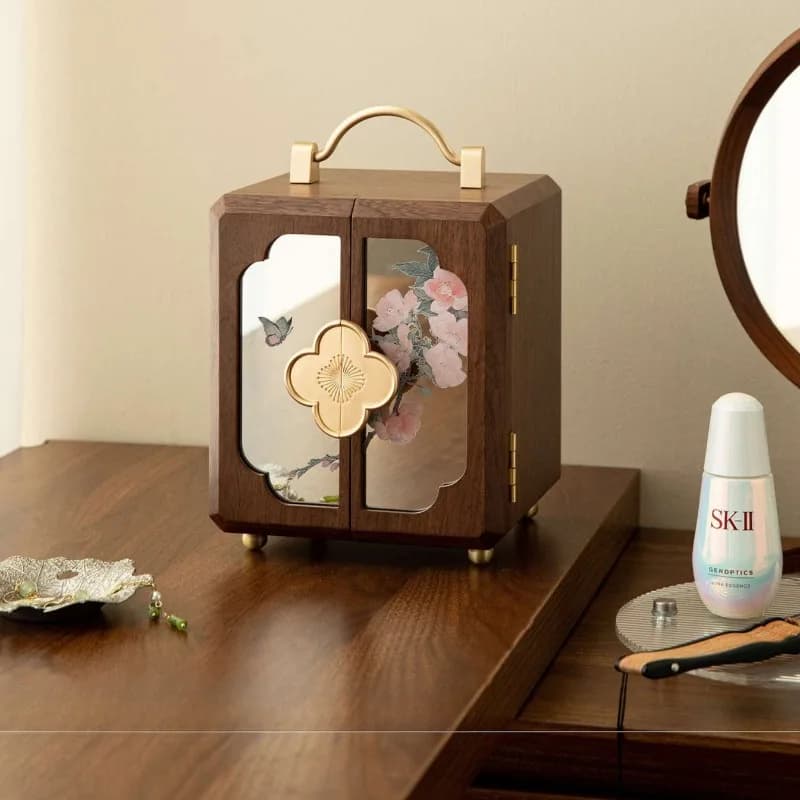 Wooden Hand-Carved Jewelry Box with Mirror，Durable Keepsake Storage for Vanity Home，Portable Travel Organizer for Earrings Rings