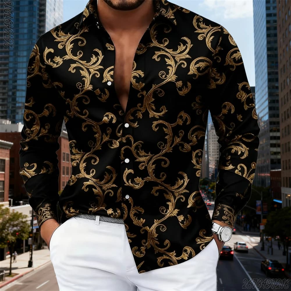 Men's Long-sleeve Shirt with Trendy Vintage Print