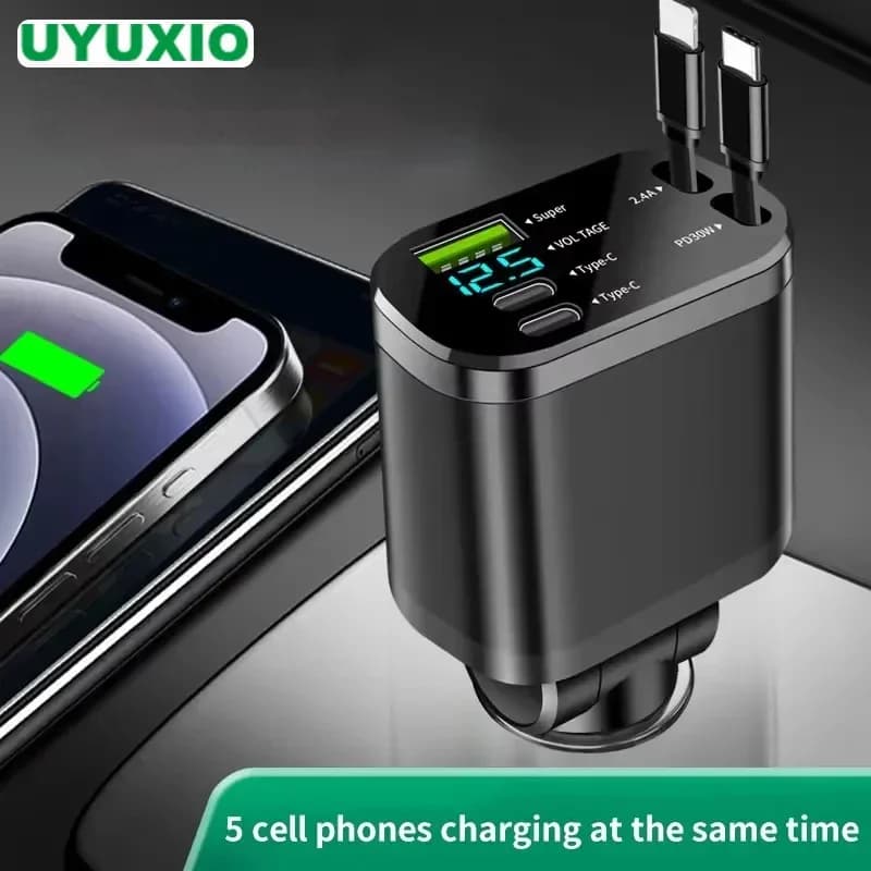 UYUXIO Caricabatteria da auto USB C multiporta Adattatore di ricarica super veloce da 66 W con cavo retrattile per display di tensione per MacBook iPhone