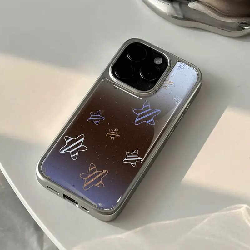 Custodia per Telefono in TPU Antiurto con Bordi Argentati e Motivi a Linee e Stelle per iPhone XR/11/12/13/14/15/16/17 Pro Max
