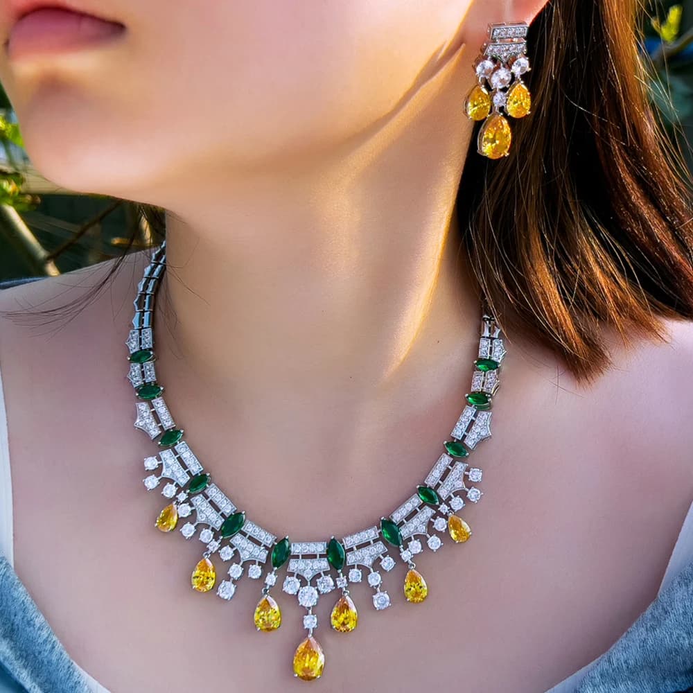 BeaQueen Gorgeous Green Yellow CZ Crystal Tassel Water Drop Long Earrings Necklace Sets for Women Anniversary Jewelry Gift JS217