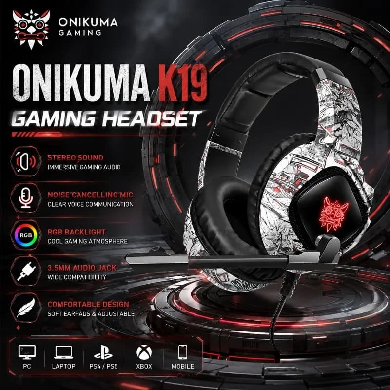 ONIKUMA K19 Gaming Headset Wired Noise Cancelling Stereo Headphones With Mic 3.5mm Audio For PC Laptop Computer Console Gamer