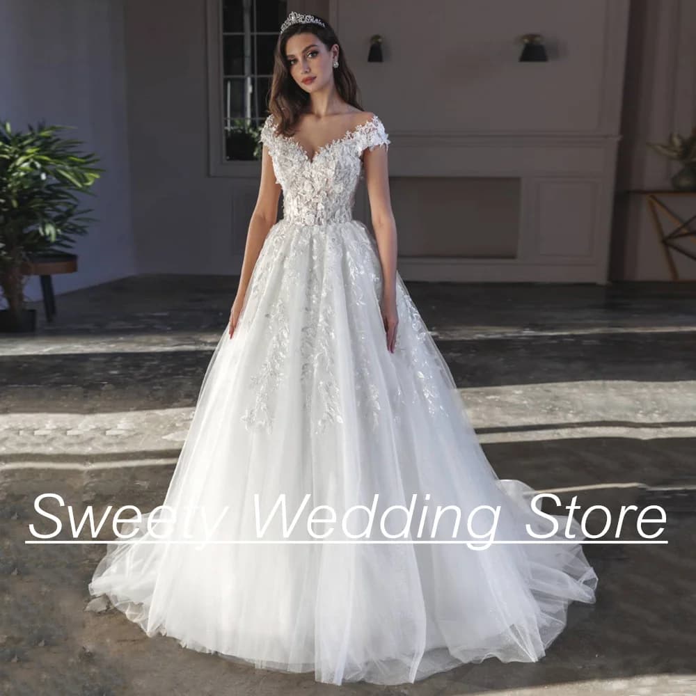 Abito da sposa bianco avorio con spalle scoperte scollo a V fiori Applique bottoni con cerniera posteriore Sweep Train abito da sposa Robe De Mariee