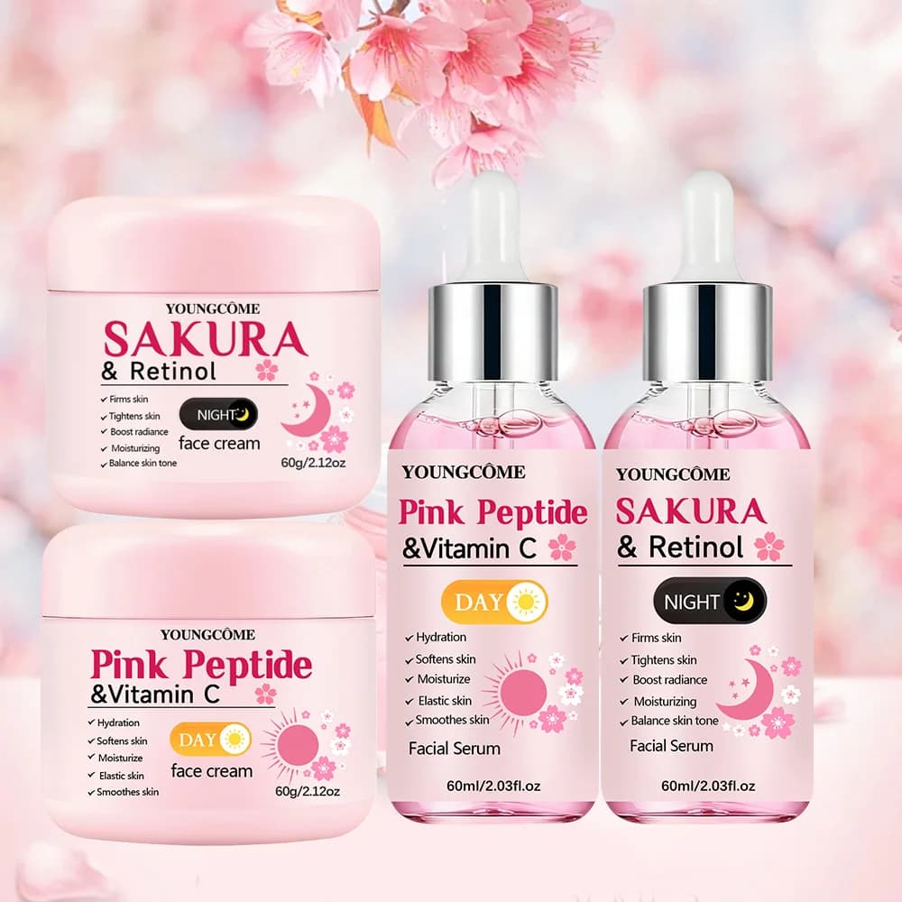 4 piece day and night care set: day cream to vitamin C to pink peptides + night cream to the Sakura retinol and essence for hydration, compactness