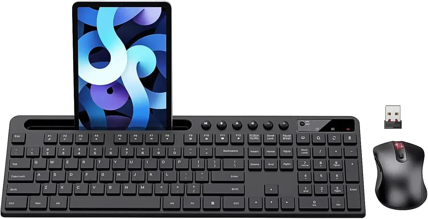 2.4G Ergonomic Wireless Keyboard and Mouse Combo with Phone Tablet Holder, Silent Mouse, 6 Button, Compatible with MacBook, Windows
