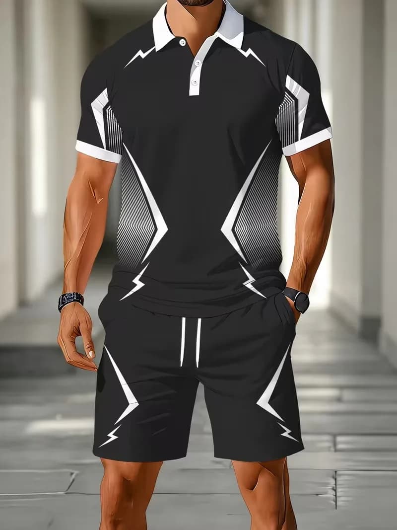 Black And White Contrasting Color Men's Business Casual Beach Sports Two-Piece Set Elastic Waist Sports Shorts Lapel Polo Shirts
