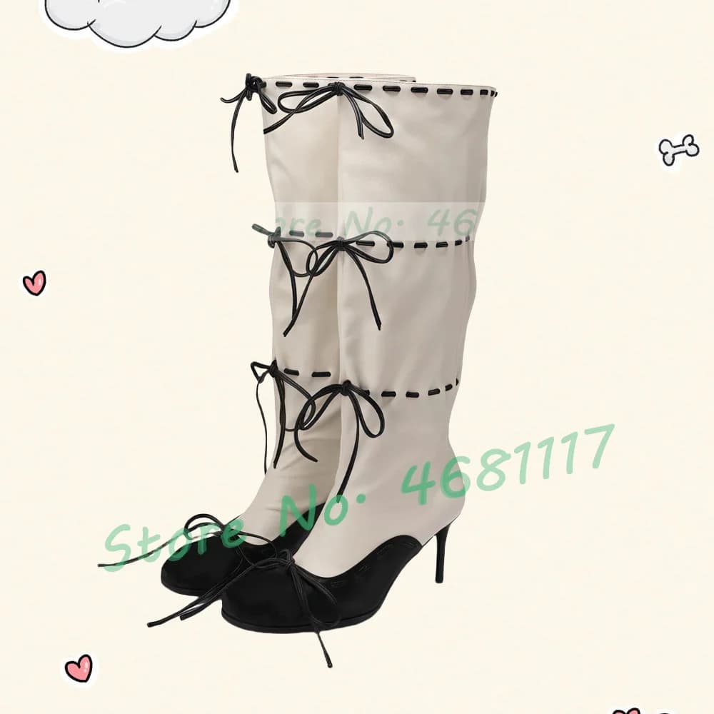 Stivali lunghi bianchi con fiocco da cucito nero Stivali da donna eleganti con punta tonda Tacchi alti Stivali al ginocchio Pull On eleganti scarpe da festa