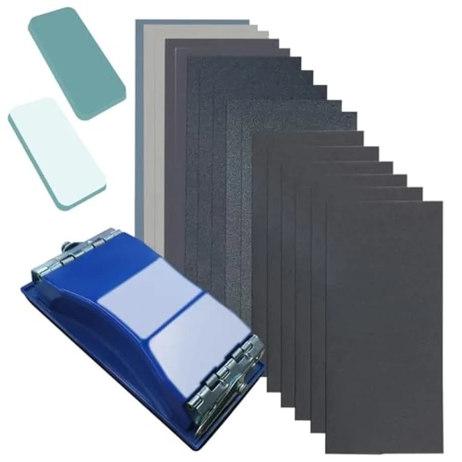 Set di Carta Abrasiva 3-in-1 per Uso a Secco e a Umido, 48 Fogli da Grana 80 a 3000, 1 Porta Carta Abrasiva e 2 Blocchi di Spugna per Levigatura del Legno