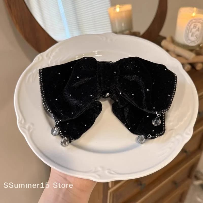 【R】Fermaglio per capelli elegante francese da donna, in velluto con strass e fiocco, fermaglio a coda di cavallo, clip a squalo raffinata, accessori per capelli alla moda