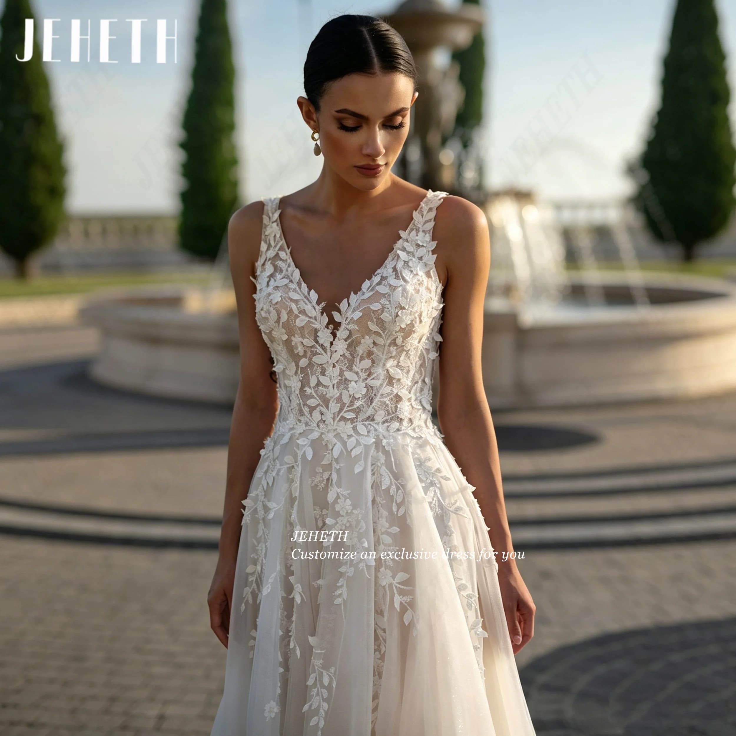 JEHETH Lace Appliques Wedding Dresses Tulle Spaghetti Strap Bride Party Dress V Neck A Line Bride Gowns For Women Customized