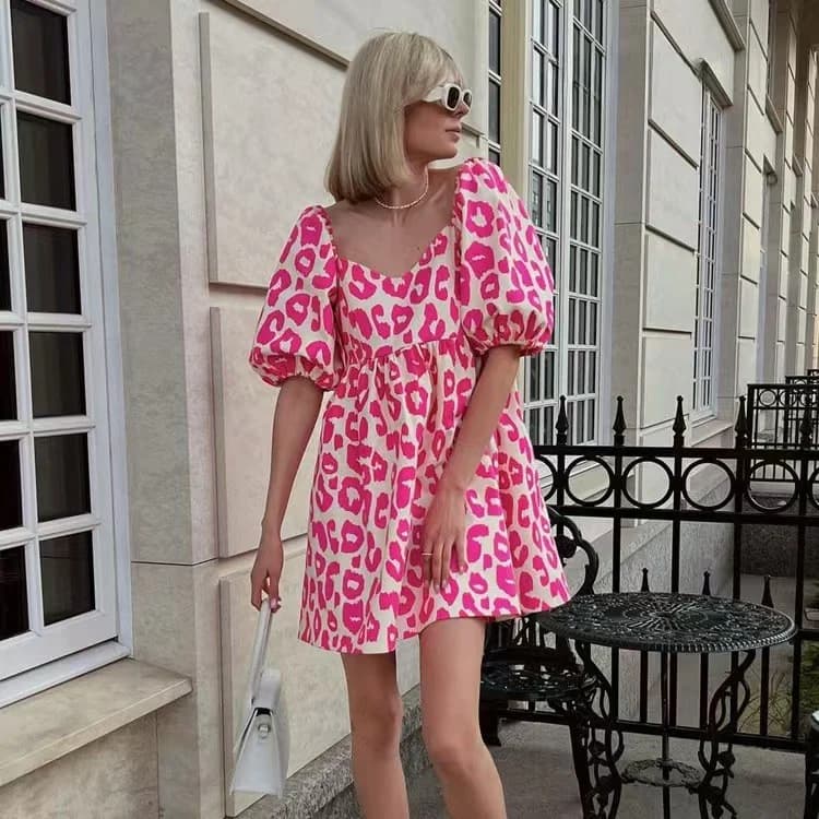 New Printed Loose Dress Bubble Sleeve Square Collar Casual Short Skirt Women's Sweet Style High Waist A-Line Dress