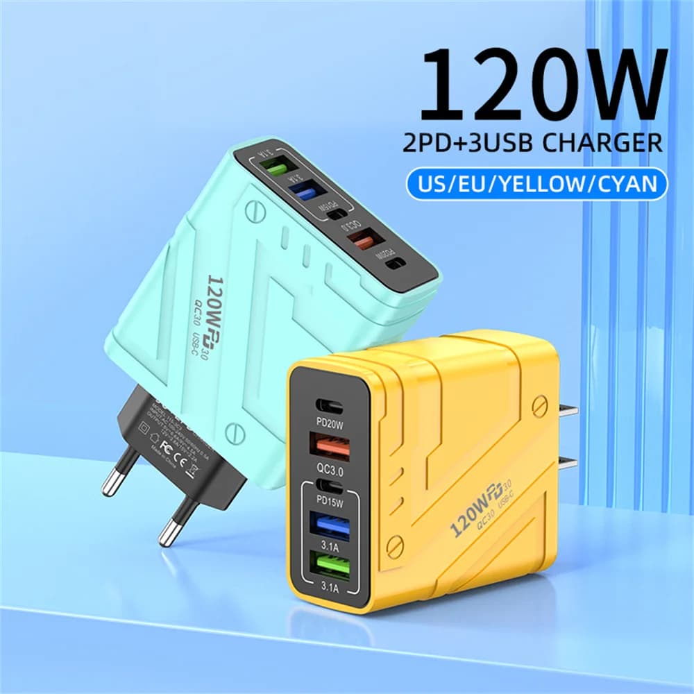 120W USB Charger 5 Port Fast Charging Phone Charger Power Adapter For iPhone Samsung Xiaomi Type C EU/US Plug Quick Wall Charger
