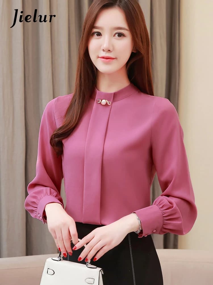 Jielur primavera New Lantern Sleeve Buttons camicette da donna elegante Lady tinta unita camicia grigia bianca top da donna camicie in Chiffon