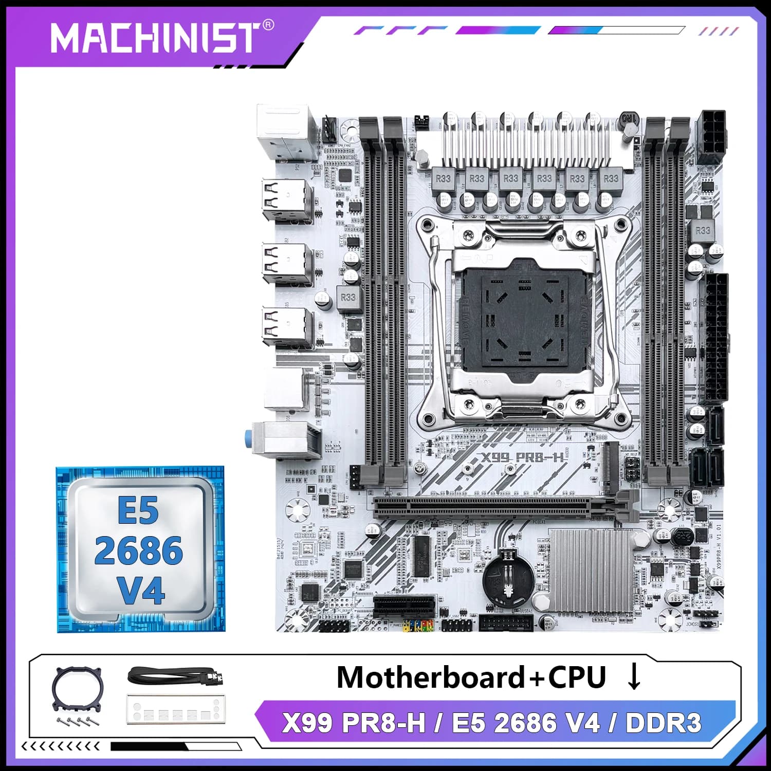 MACHINIST White X99 Motherboard Kit set Xeon E5 2686 V4 / E5 2696 V4 CPU LGA2011-3 DDR3 NVME/SATA M.2 PR8-H