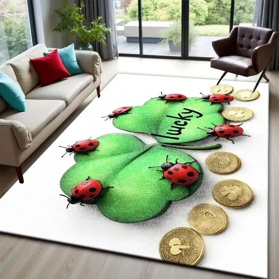 1pc St. Patrick'S Day Four-Leaf Clover Ladybug Pattern Carpet, Non Slip Area Rug, Durable Material, Soft Household Living Room,