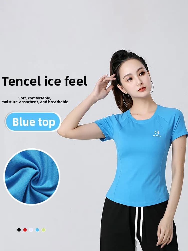 Ladies Ice Silk Cotton Short Sleeve T-Shirt for Square Dance Running Fitness Yoga Casual Wear Summer Breathable Sweat Absorbent