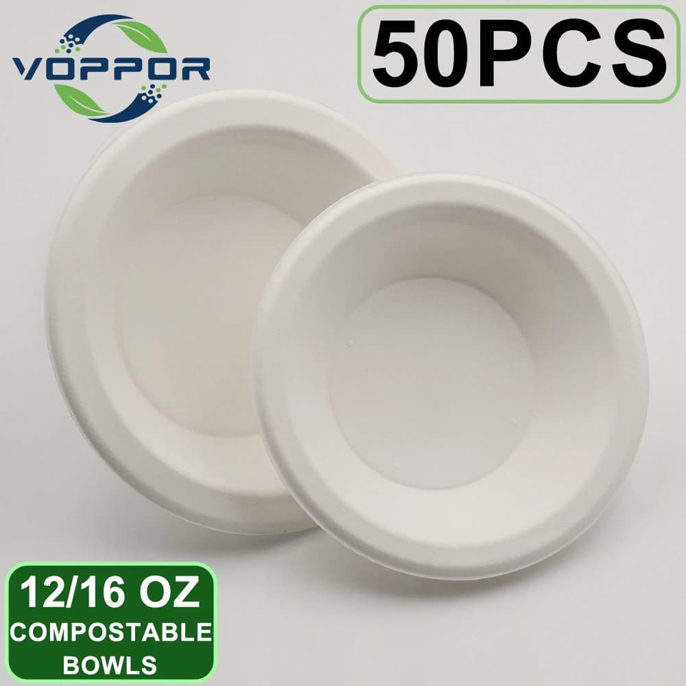 Ciotole Monouso Compostabili da 16oz e 12oz in Bagassa 100% Biodegradabile, Contenitori per Alimenti per Zuppe Calde, Antipasti e Uso Domestico