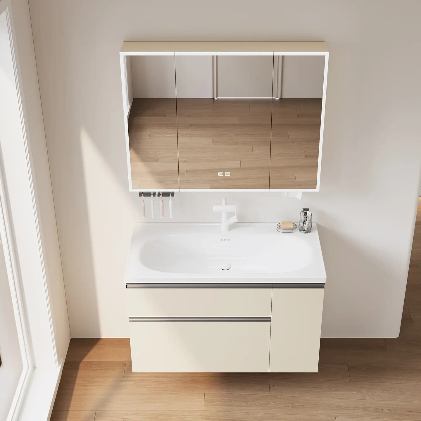 Stainless steel pull basket bathroom cabinet ceramic integrated egg basin all-aluminum multi-function with hair dryer bracket