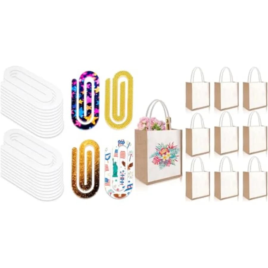 Set di 24 Fermagli per Carta in Acrilico per Sublimazione e 10 Borse in Iuta per Sublimazione per Regali Fai-da-Te per Adulti