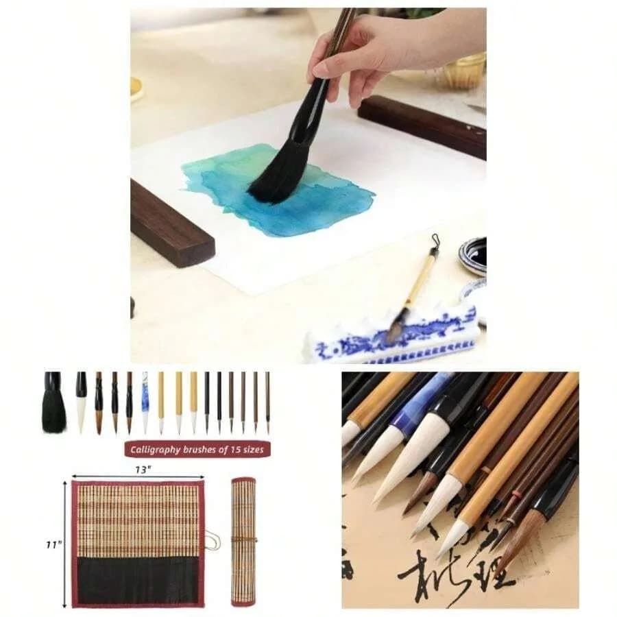 16 Pieces Calligraphy Brush Set, Sumi Brushes With Roll - Holder, Sturdy Japanese Watercolor Painting Writing Brushes, Kanji Ar