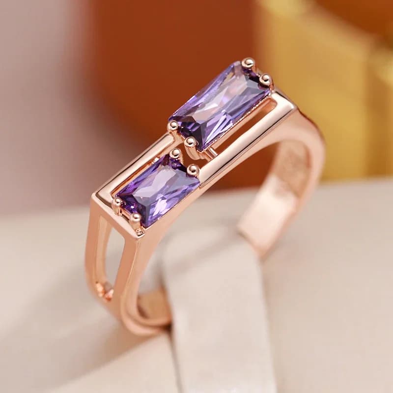 Anelli Geometrici Cavi con Zirconi Viola per Donne, Gioielli di Lusso Leggero Color Oro, Accessori per Feste e Uso Quotidiano