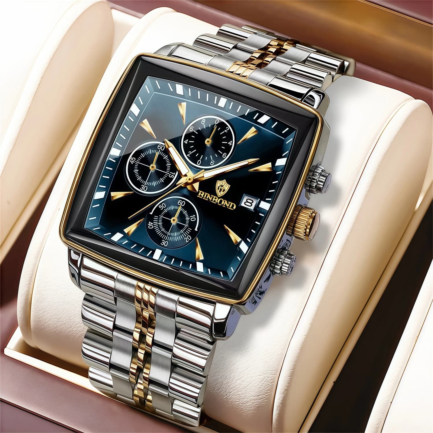 BINBOND brand fashionable square man watch, full calendar, water resistant chronograph, stainless steel quartz wristwatch, gift box