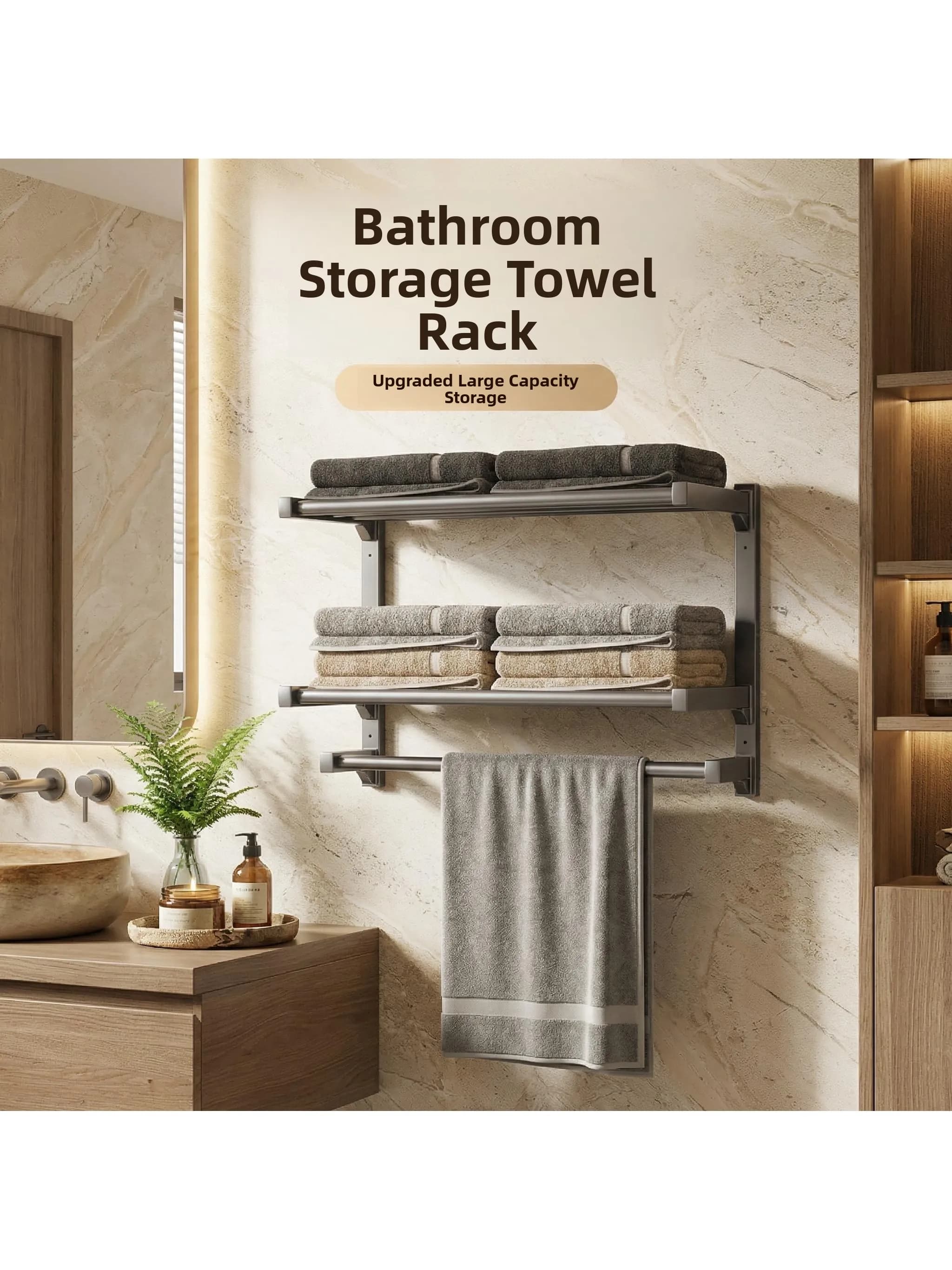 Portasciugamani da bagno a parete, senza foratura, con ripiano portaoggetti per bagno e lavanderia, superficie verniciata