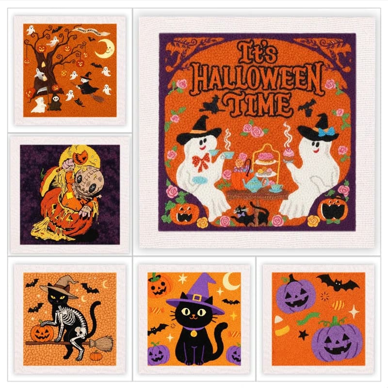 Halloween Punch Needle Kit DIY Embroidery Set Ghost Black Cat Pumpkin Pattern Handmade Wall Art Craft Kit Home Decoration