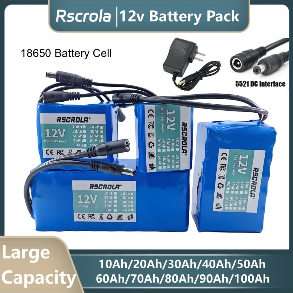 Batteria agli ioni di litio da 12V con BMS, a lunga durata, 10-100Ah, con caricabatterie, lunga durata per LED, modellismo RC, alimentatore